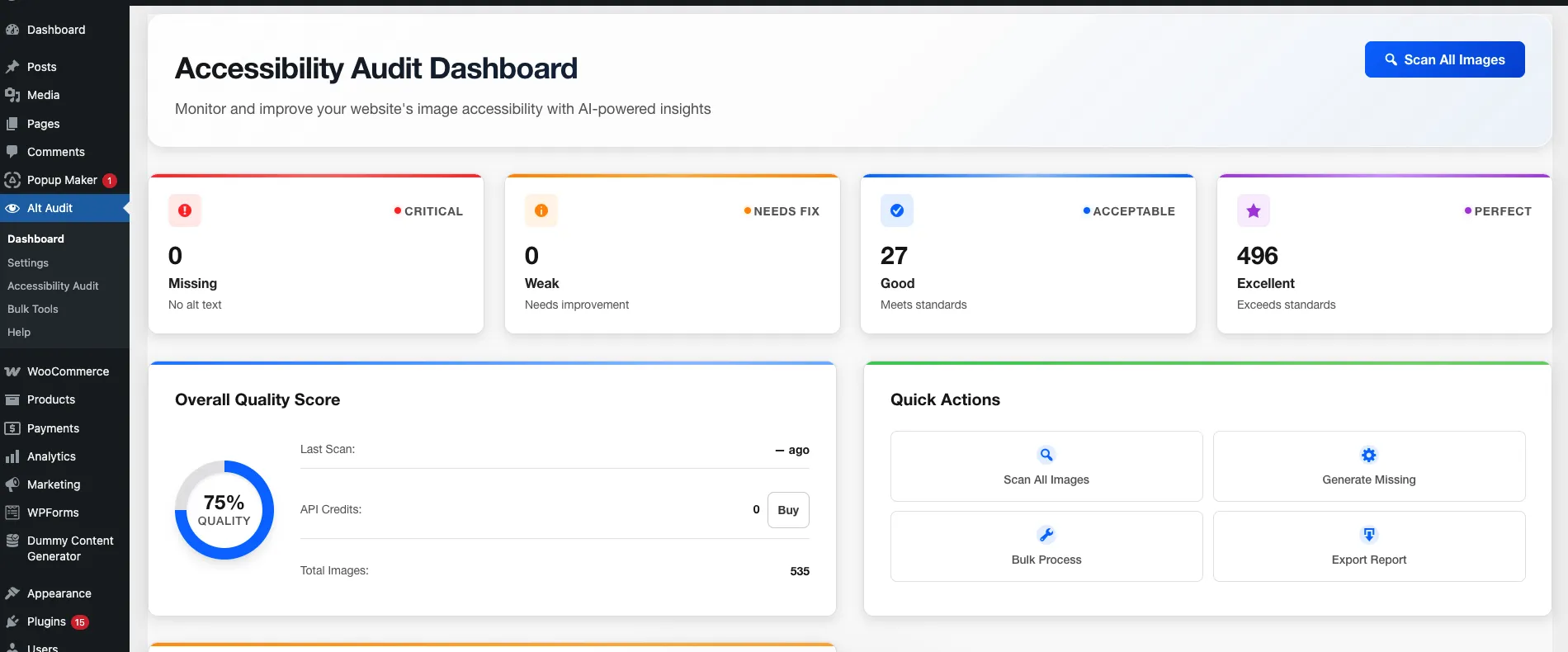Alt Audit WordPress plugin Accessibility Audit Dashboard showing 75 percent quality score, 535 total images with 0 missing, 0 weak, 27 good, and 496 excellent ratings, plus Quick Actions panel