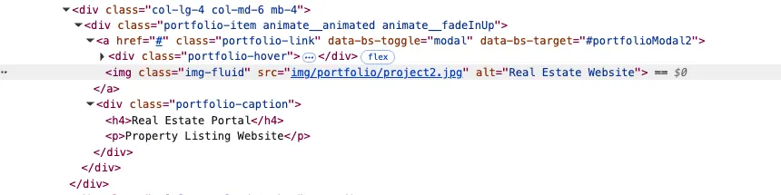 Chrome DevTools Elements panel inspecting an img element with class img-fluid, showing the alt attribute value Real Estate Website highlighted in the DOM tree