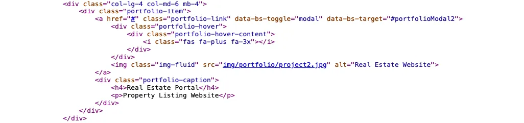 HTML source code of a webpage showing an img tag with alt attribute set to Real Estate Website, demonstrating how to check alt text in view source