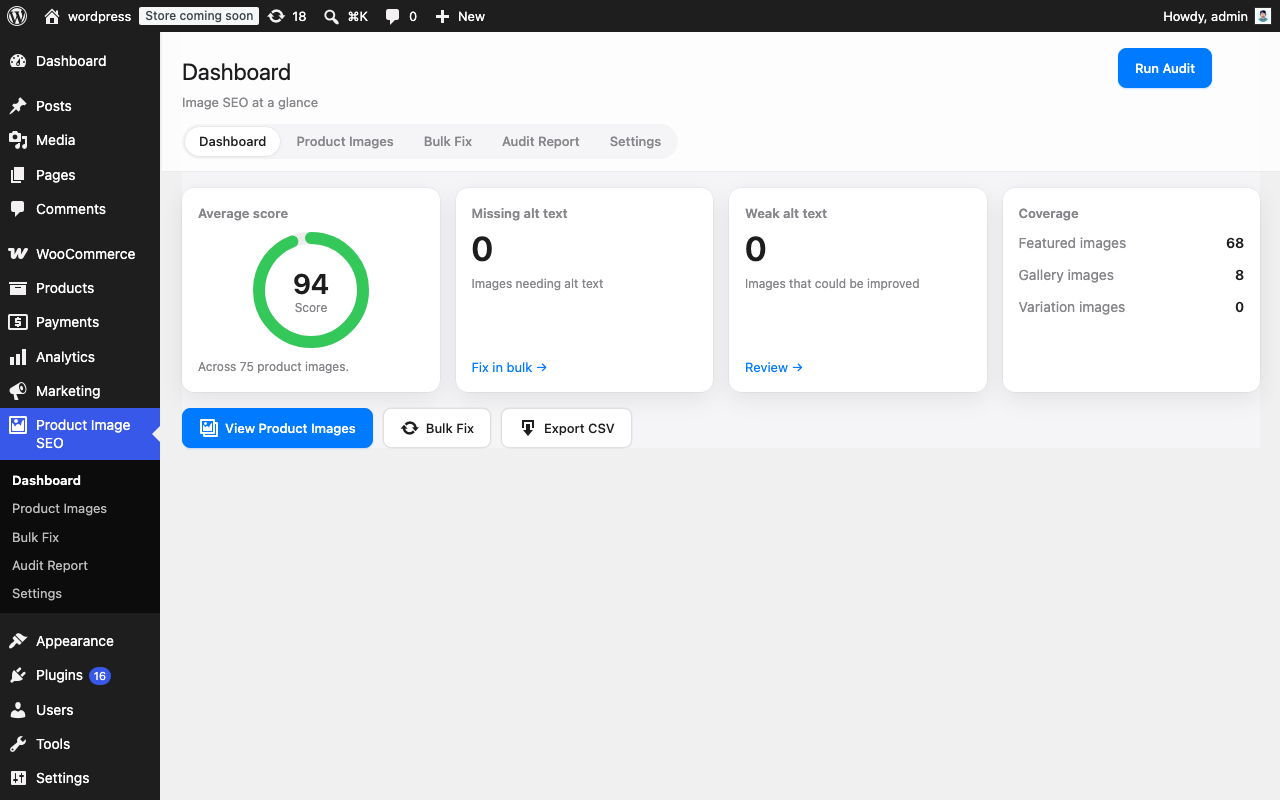 Flance Product Image SEO dashboard showing an average image SEO score of 94 across 75 product images with missing alt text and coverage statistics