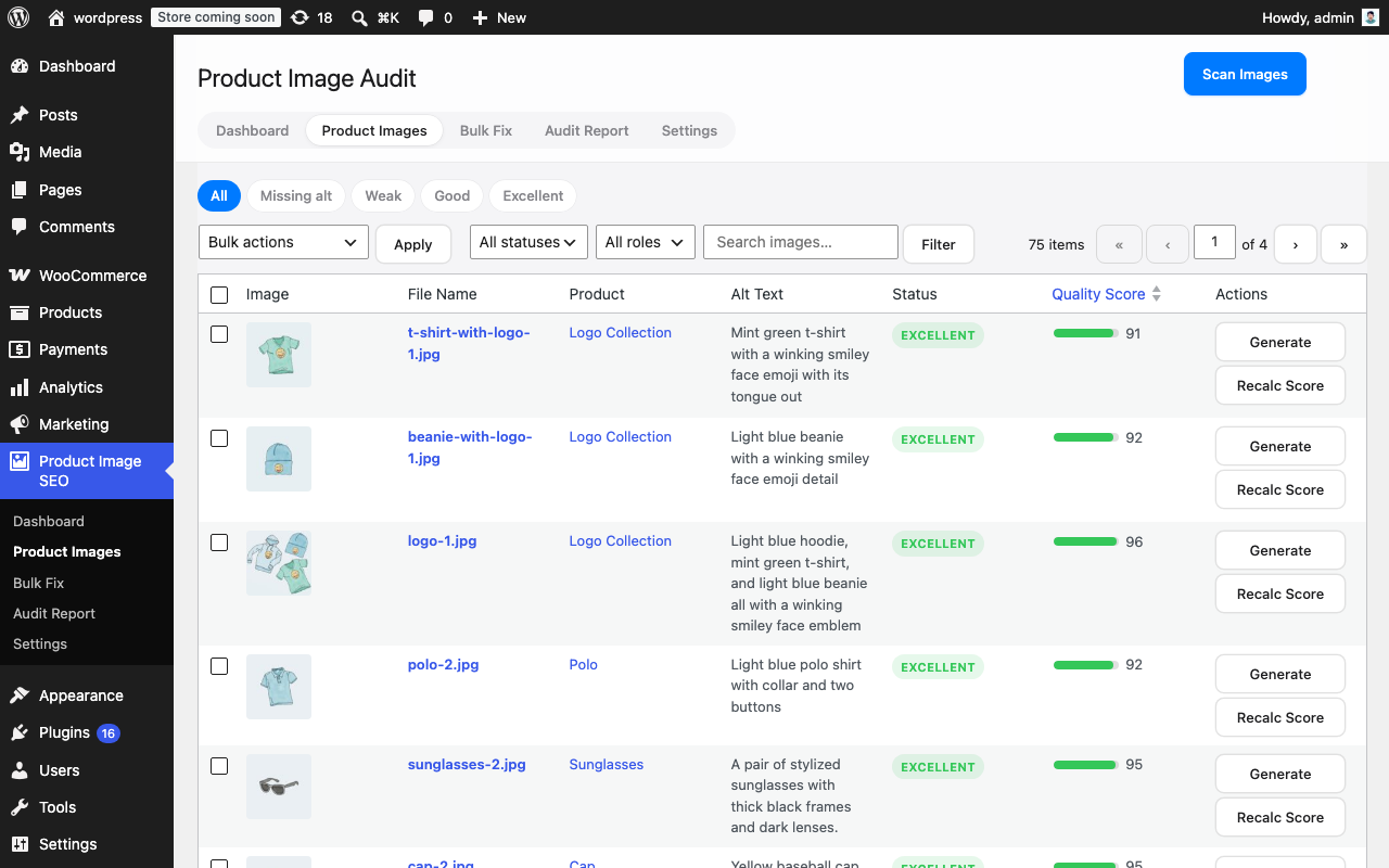 Product image catalog table with per-image alt text status badges and quality score bars
