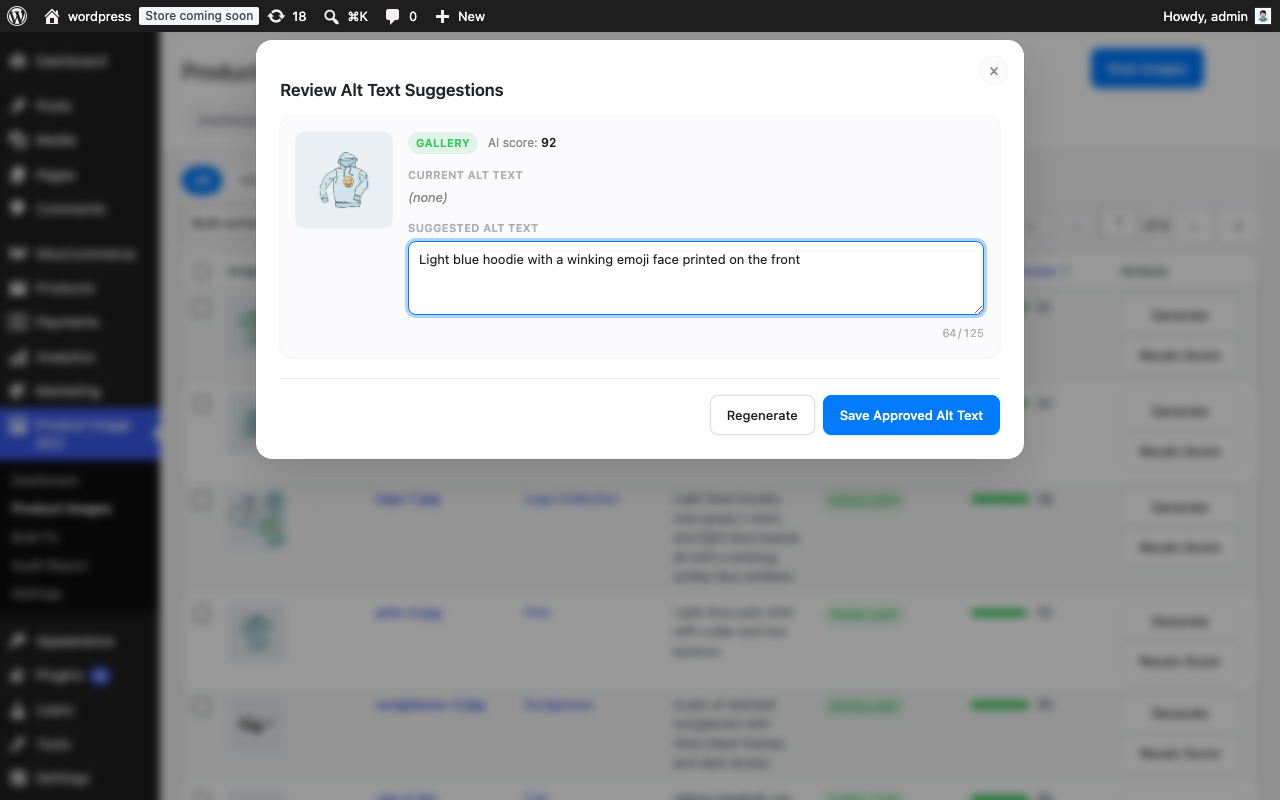 Review modal showing an AI-generated alt text suggestion with a character counter