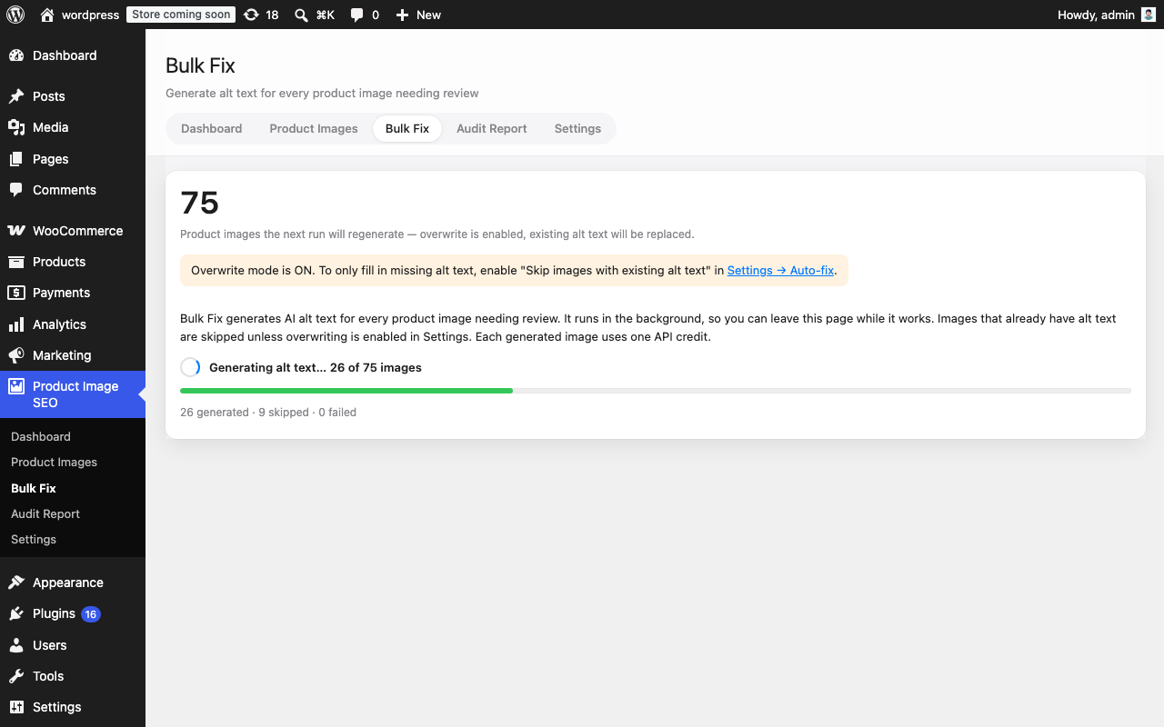 Bulk fix screen with live progress bar showing images generated, skipped and failed